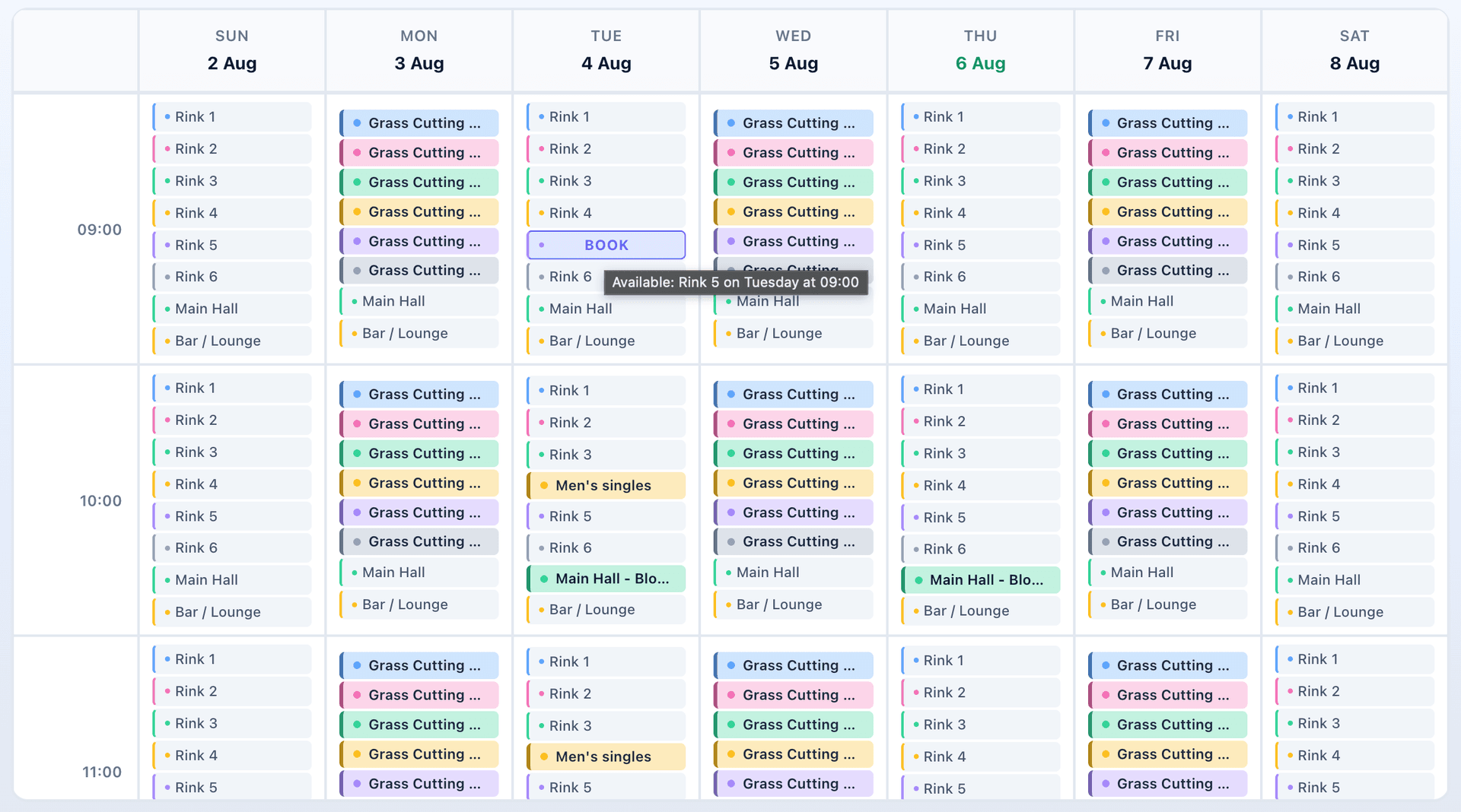 Interactive rink booking calendar showing available time slots and scheduled matches