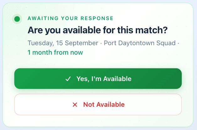 Bowls Hub match page asking a player if they are available, with a one-tap response