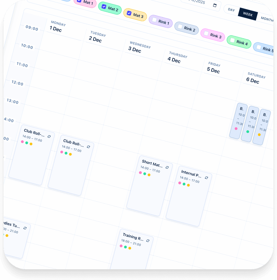 Interactive rink booking calendar showing available time slots and scheduled matches