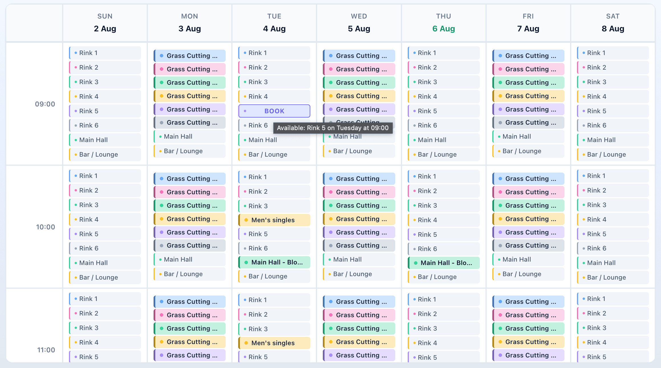 Weekly Bowlshub rink calendar with bookings across multiple rinks