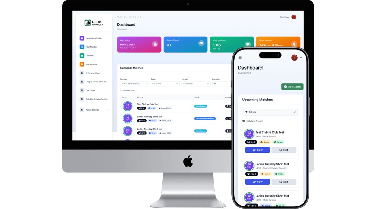 bowlshub dashboard showing membership list, upcoming fixtures, and rink booking calendar