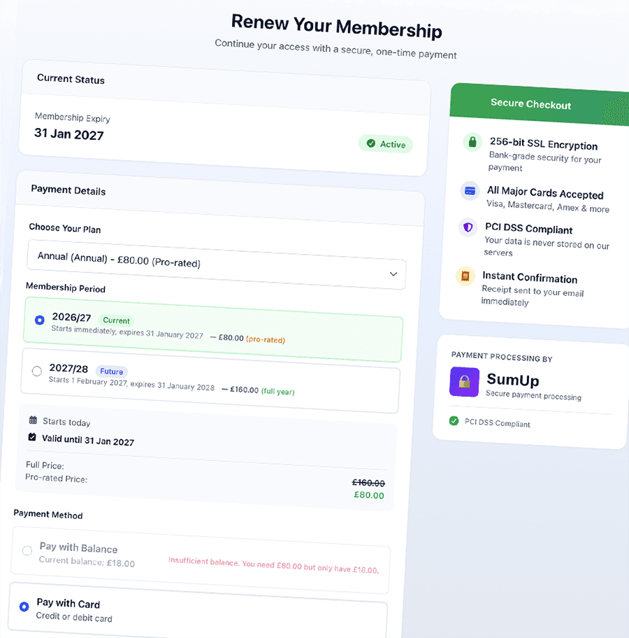 Membership payment record and transaction history