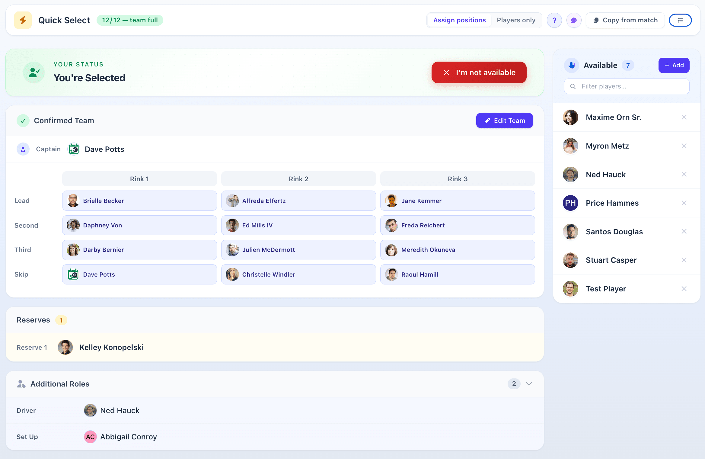Bowlshub team selection screen showing selected and available players